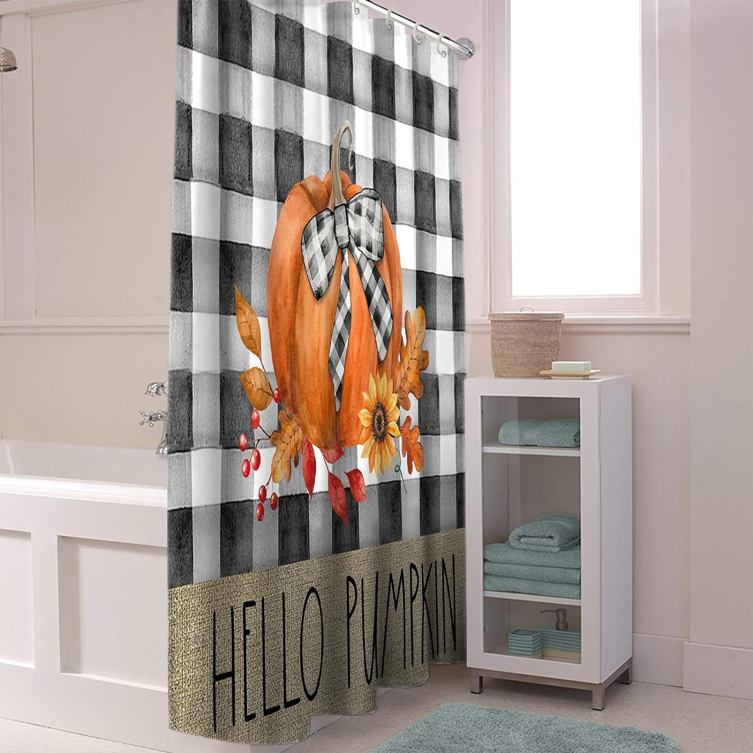 Fall Shower Curtain Hello Pumpkin Shower Curtains for Bathroom Autumn Leaf Sunflower Buffalo Plaid Bath Curtains Sets for Autumn Thanksgiving Seasonal Bathroom Decor Fabric Waterproof 72 x 72 in