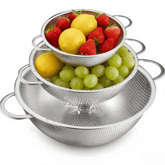 3 Pack Stainless Steel Colander Set (1/3/5quart), Micro Perforated Metal Colanders Strainers, Food Strainers And Colanders With Handles For Kitchen/Draining Pasta/Rinsing Vegetables Fruit