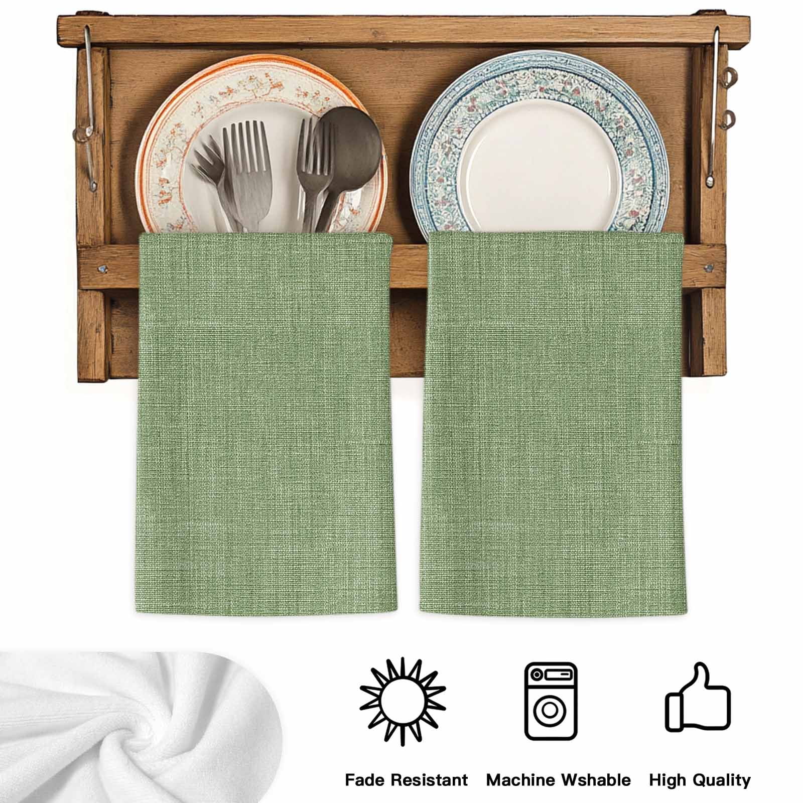Grass Green Kitchen Towels Set of 3, Farmhouse Burlap Solid Green Modern Linen Texture Soft Microfiber Dish Towels, Absorbent Washable Dishcloths for Kitchen Cleaning, Drying Dishes, 18x28 Inches