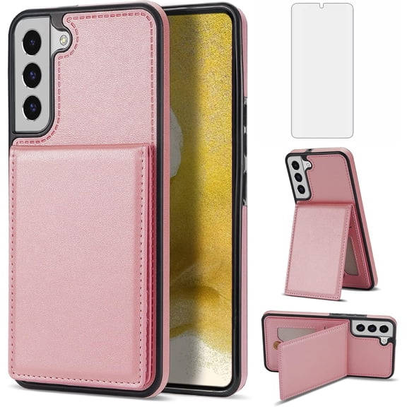 Phone Case for Samsung Galaxy S21 5G 6.2 inch Wallet Cover with Tempered Glass Screen Protector and RFID Slim Credit Card Holder Slot Stand Cell Accessories S 21 21S G5 Women Girls Rose Gold