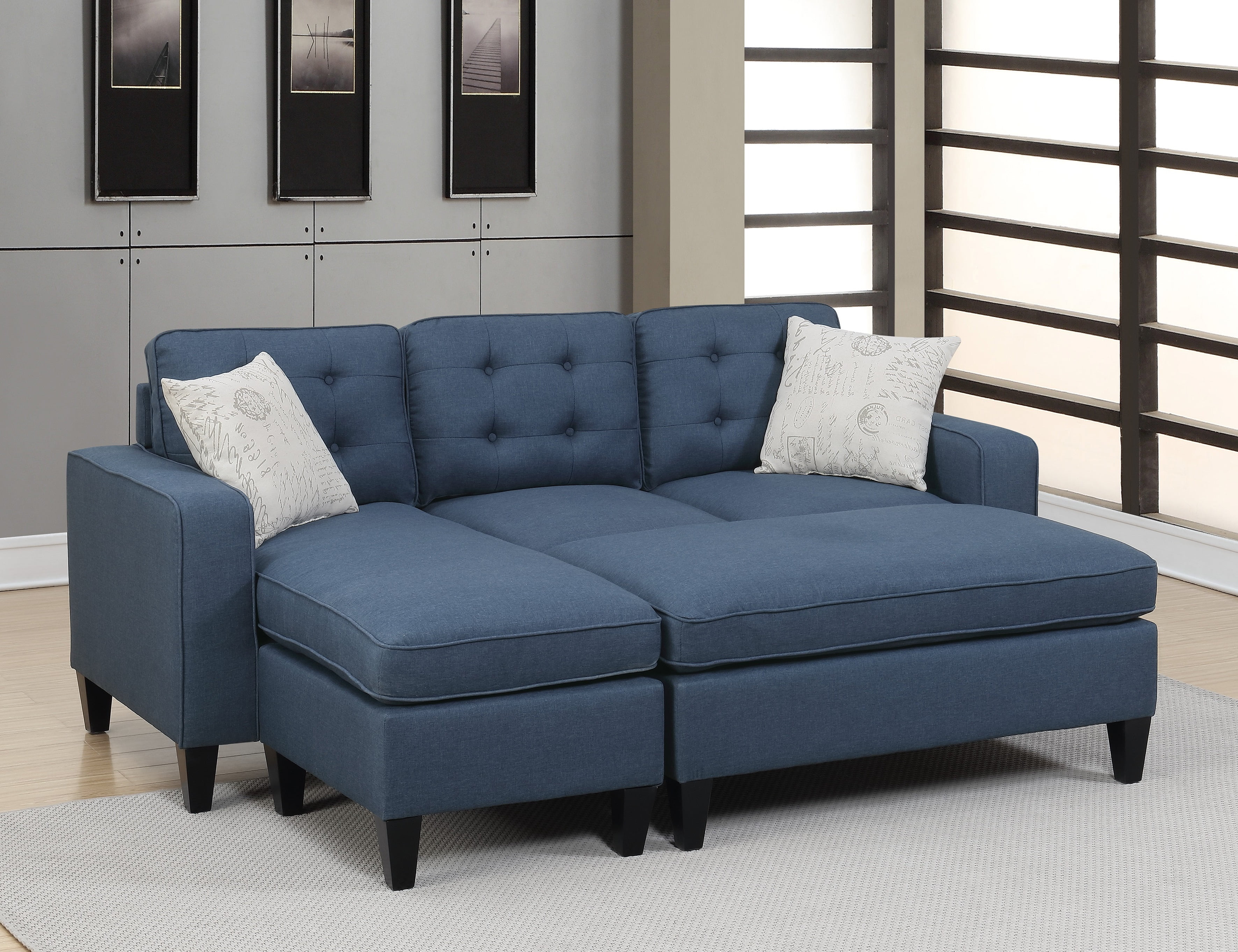 Ucloveria Reversible 3pc Sectional Sofa Set Polyfiber Chaise Sofa Ottoman Pillows Cushion Couch