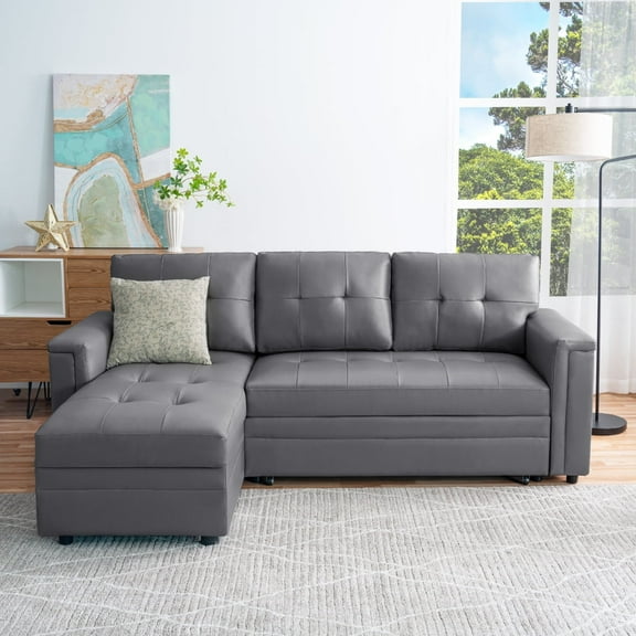 Naomi Home Lily Sectional Sleeper Sofa with USB ports-L-Shaped Couch Convertible faux leather sectional Pull-Out Bed, Ample Storage, Long-Lasting for Modern Living, Gray, Air Leather
