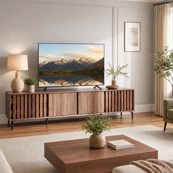Mid Century Modern TV Stand for TVs Up to 80" with 4 Storage Cabinets, Wood Entertainment Center TV Console for Living Room Bedroom, Walnut