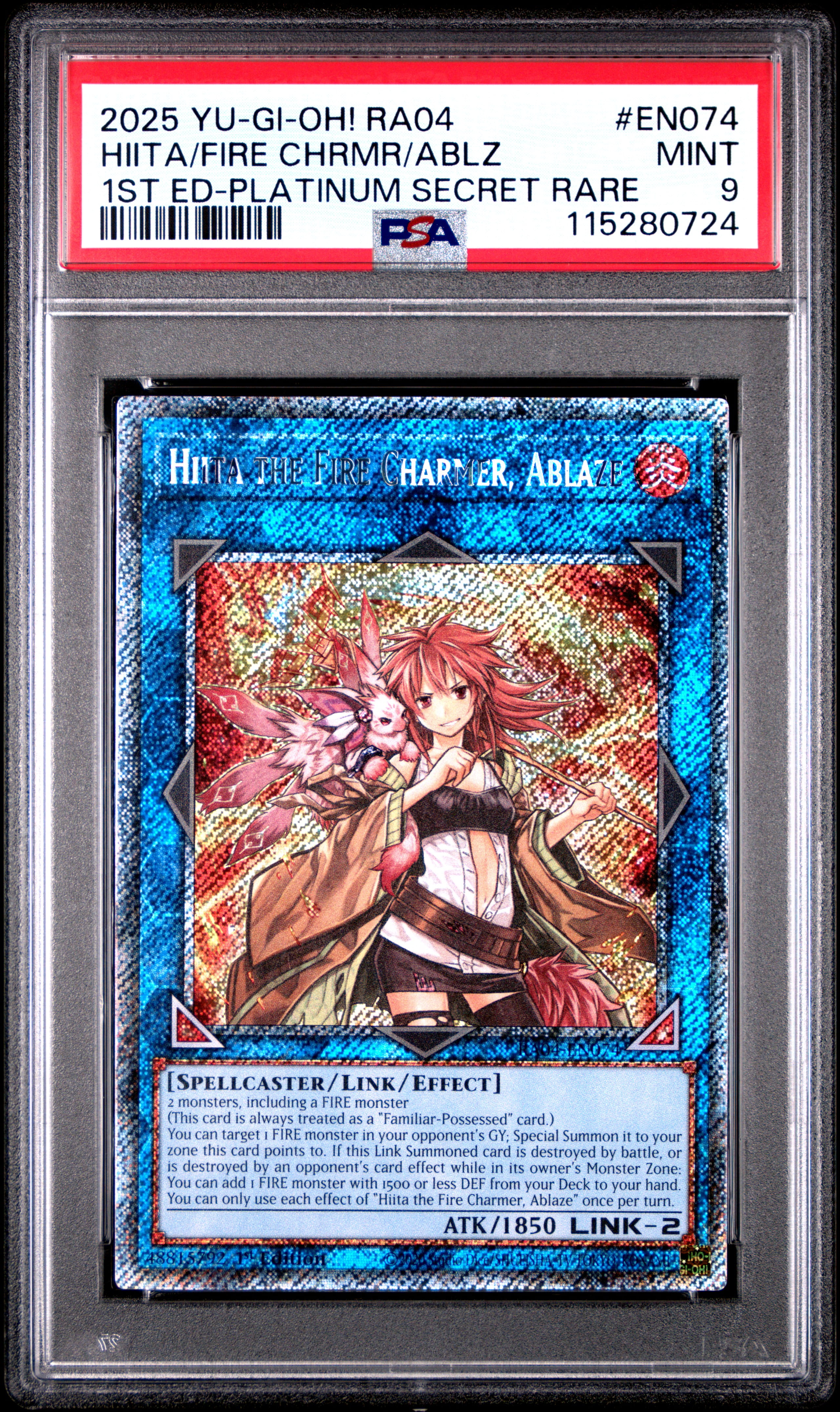 Yu Gi Oh! TCG, PSA Graded 9 MINT, Hiita/Fire Chrmr/Ablz 1St Ed Platinum Secret Rare #EN074, Ra04 Quarter Century Stampede, Fully Encapsulated Bundle with Compatible Yu Gi Oh! Hard Sealed Case
