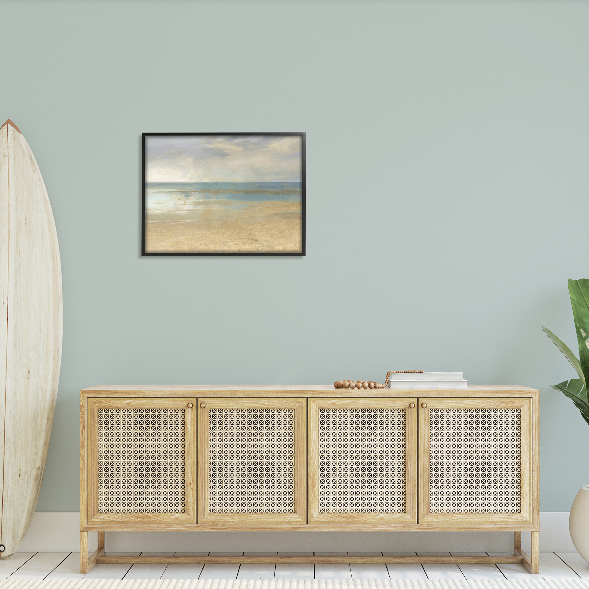 Stupell Coastal Sandy Sunlit Beach Landscape Painting Black Framed Art Print Wall Art