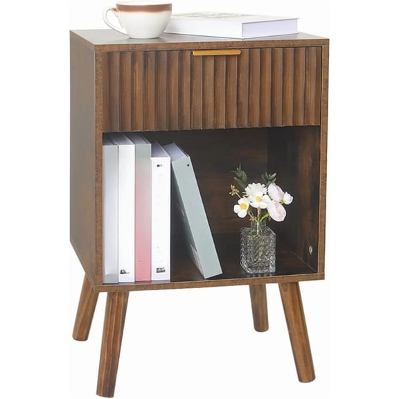 Mid-Century Modern Nightstand, Wood Nightstand with Drawers and Open Storage (Rustic Brown)
