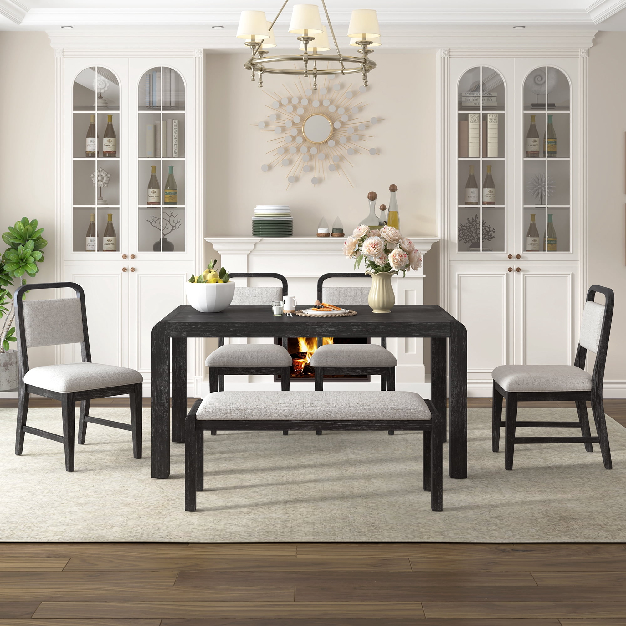 Euroco 6 Piece Extendable Dining Table Set for 4-6, Retro Kitchen Table Set with Curved Design and 4 Upholstered Chairs, Dining Furniture Set for Kitchen Living Room,Espresso