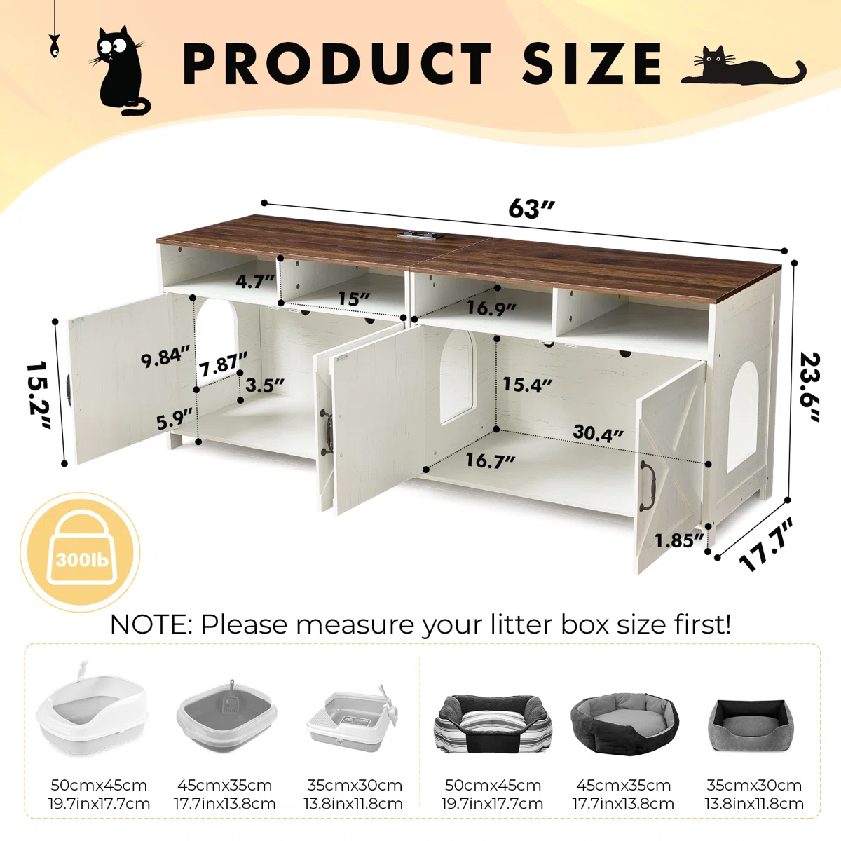 JanflyHome Hidden Litter Box Enclosure & 63"W TV Stand Furniture & Double Litter Box For 2 Cats, Farmhouse Inclosed Litter Boxes For Cats with Outlet Power