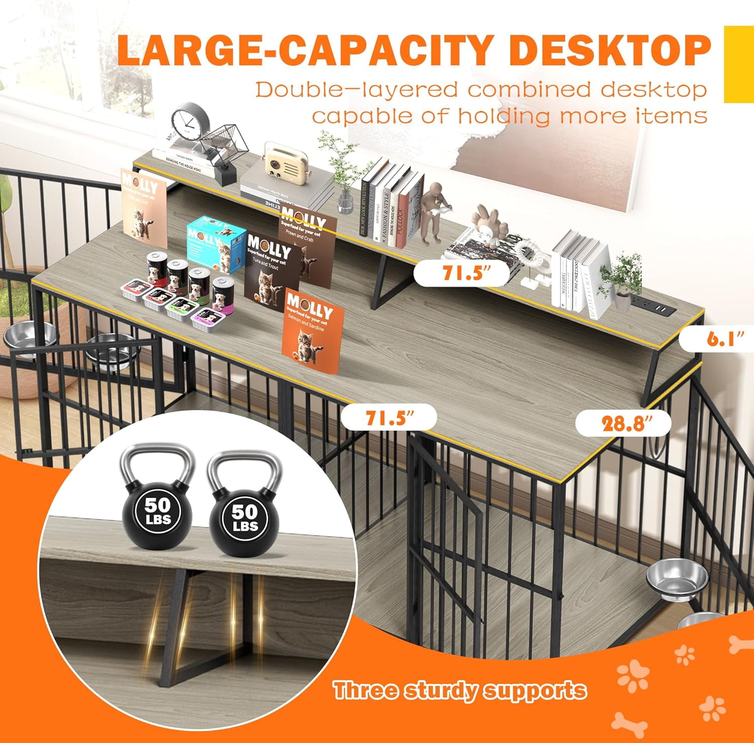 Haverchair 72" Double Dog Crate Furniture with LED Light and Power Outlets, Heavy Duty Wooden Dog Crate TV Stand with Storage Rack, Dog Kennel Indoor Furniture with Rotating Bowls for Large Dogs