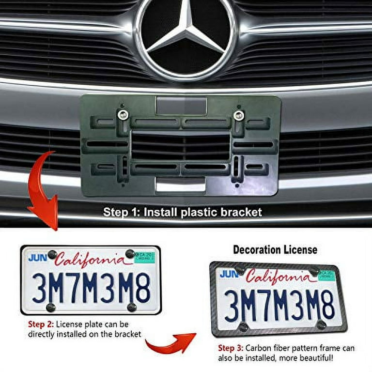 Front License Plate Mounting Kit- Universal Front Bumper License Plate  Bracket Holder and Carbon Fiber Car Tag Frame, 2 Drill Hole Relocator  Adapter with Stainless Steel Lock Screws, Cap Covers 
