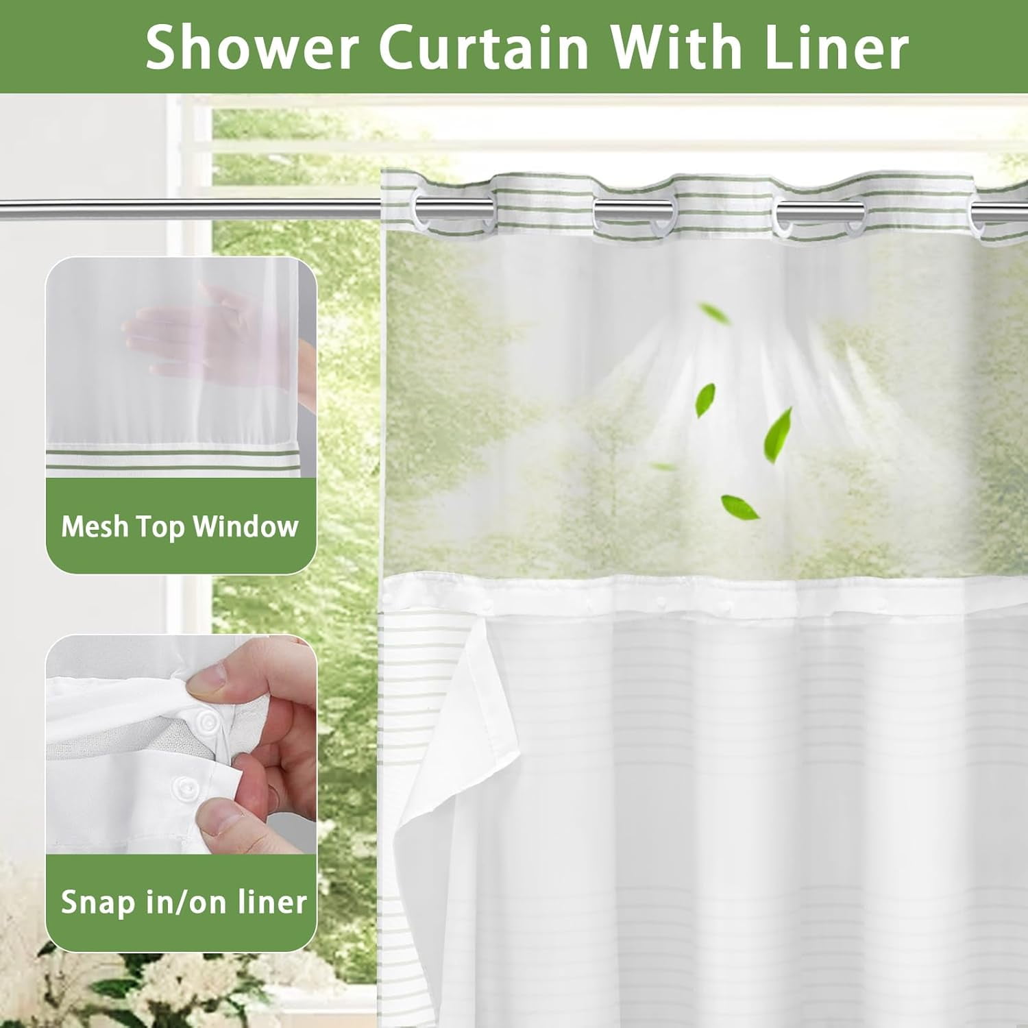 No Hook Shower Curtain with Snap in Liner Set Cotton and Linen Blend Shower Curtain for Bathroom Boho Farmhouse Green Striped 75" L x 72" W