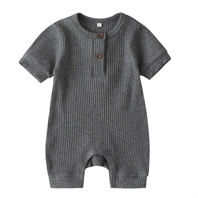 Combinaison à Manches Courtes pour Nouveau-Né Couleur Unie Tricot Côtelé Col Rond Bouton