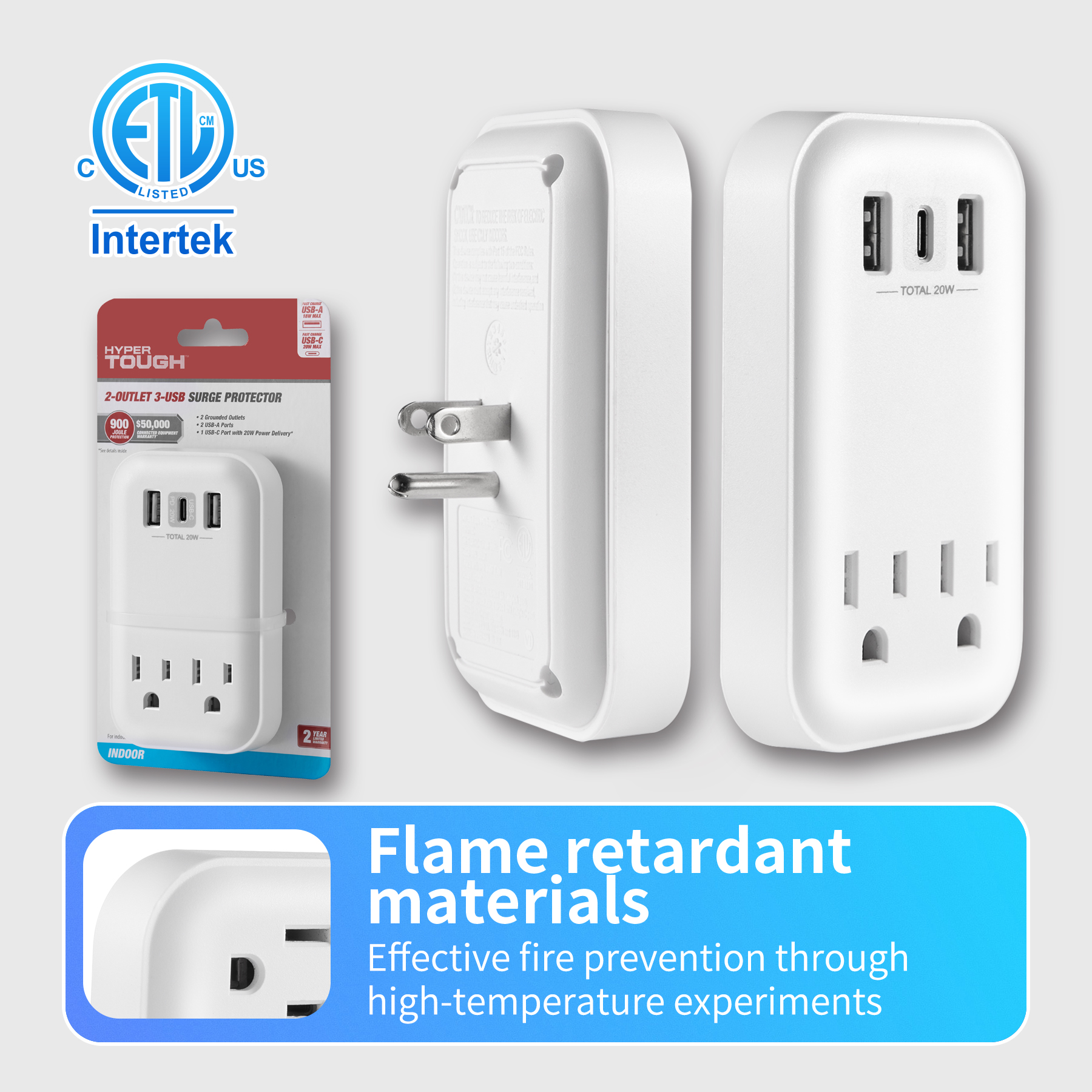 Hyper Tough USB Outlet Extender, 900J Surge Protector, 2 Outlet Splitter with USB-A & USB-C, White