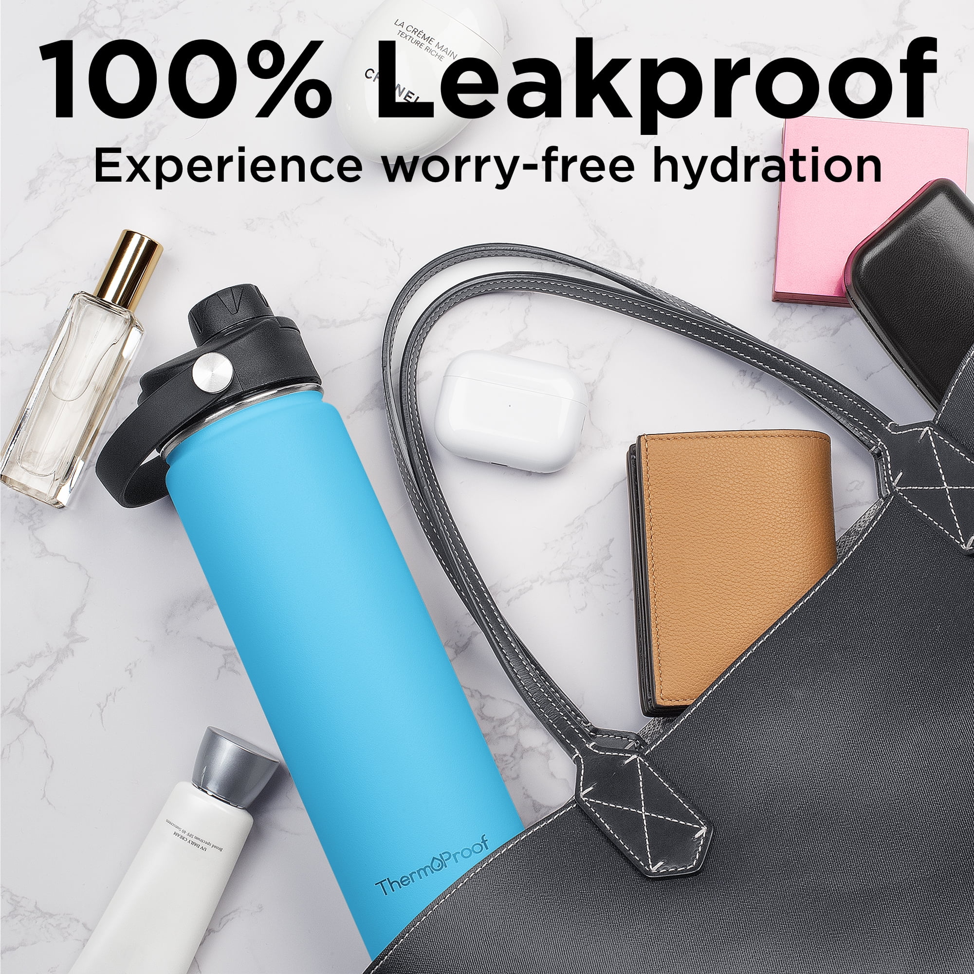 ThermoProof Insulated Stainless Steel Water Bottle 22oz, Leakproof Spout & Chug Lid, Keeps Cold 24H Hot 12H, Reusable Wide Mouth Bottle