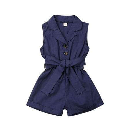 

Baby Girl Sleeveless Romper Button Shorts with Belt Jumpsuit