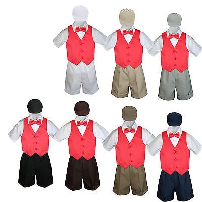 

5pc Boy Toddler Formal Red Vest Bow Tie Black Khaki Brown White Hat Shorts S-4T