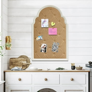 SOFE Bulletin Board 36"x24", Arched Cork Board with White Farmhouse Frame, Large Linen-Covered Pin Board for Wall Decor, Office, Home & School