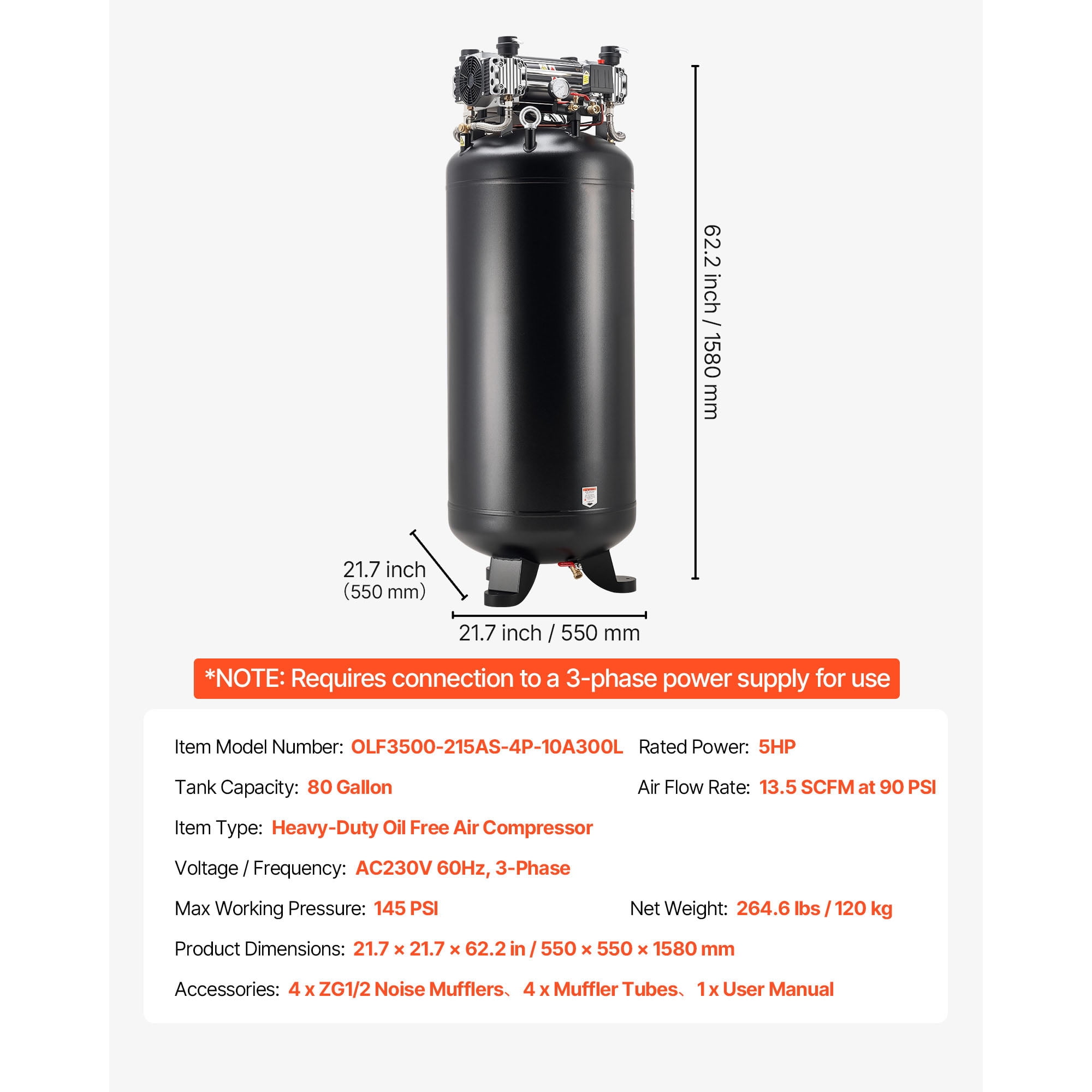 KFFKFF 80-Gallon Heavy-Duty Air Compressor, 5HP, 13.5 SCFM at 90 PSI, Max 145 PSI Pressure, Oil-Free Tank for Industrial Use and Large Workshops (230V 3-Phase, No Plug)