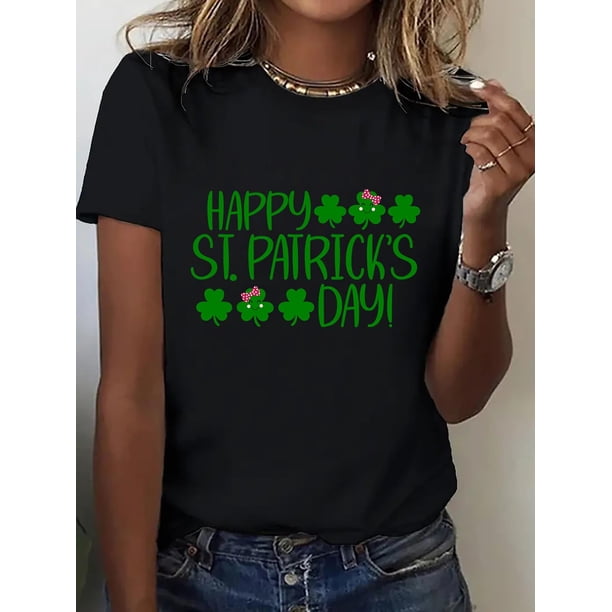 Camiseta De Verano MujerWomen'S Stylish Sports Cartoon T-Shirt Featuring a Lucky Irish Clover Print And Bow Pattern, PerfectCamisetas de verano para mujer, manga corta, cuello redondo, casual, lindo