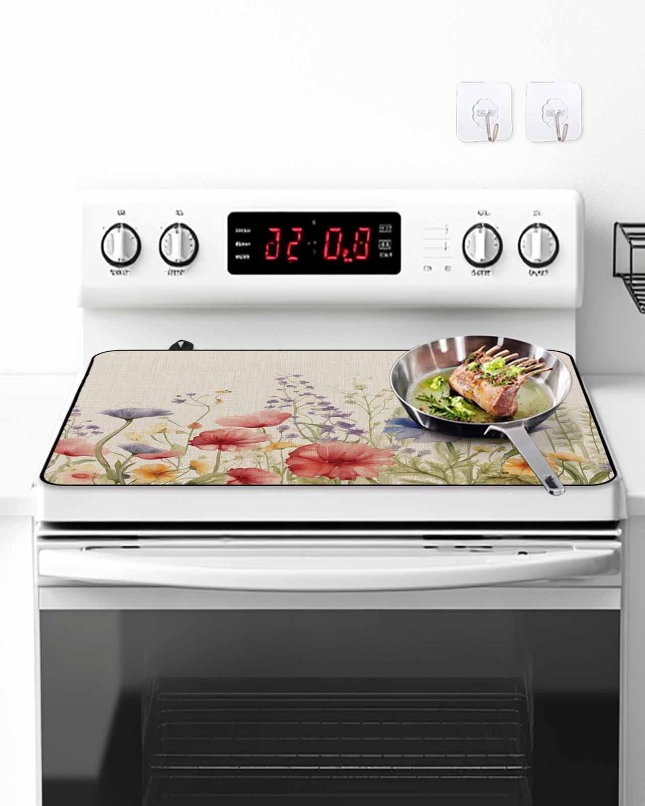 Stove Top Covers for Electric Stove, Spring Floral Glass Stovetop Cover Protector, Colorful Summer Botanical Flowers Vintage Induction Cooktop Protector Oven Mat for Kitchen Countertop 24"x21"