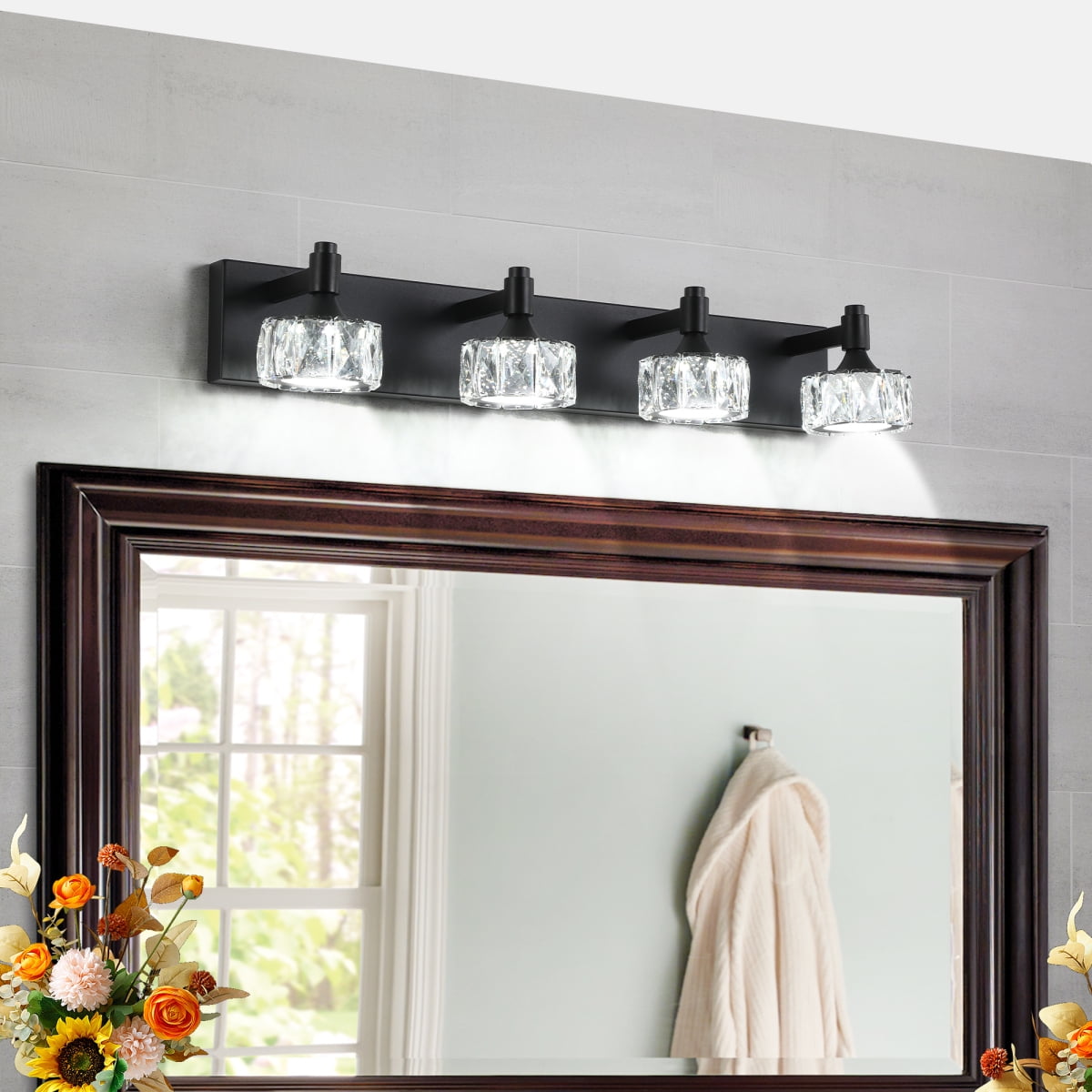 Modern 4-Light Matte Black LED Vanity Light Fixture with Crystal Glass Shades, Bathroom Wall Sconce for Elegant and Contemporary Home Decor On-Site