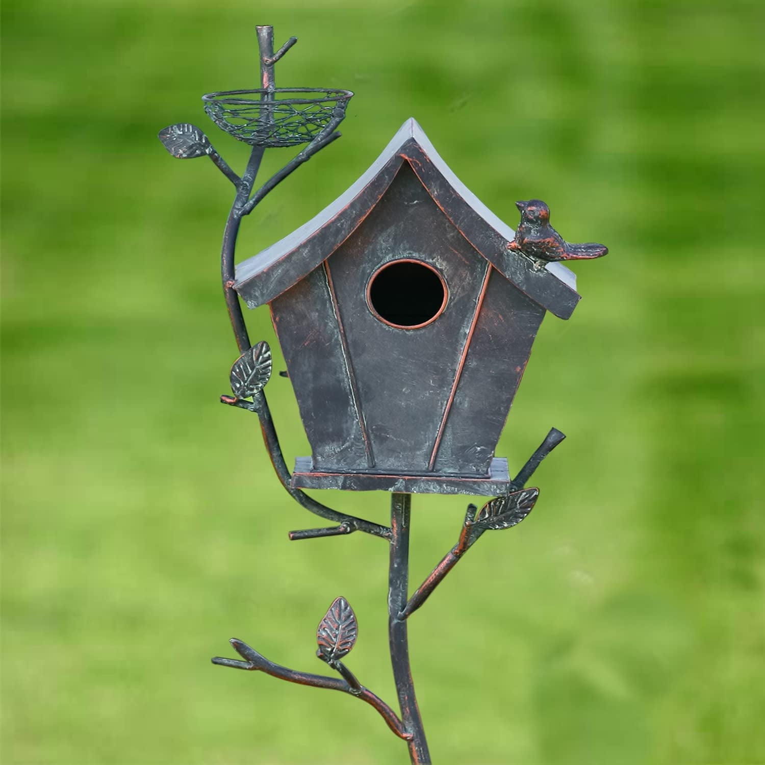 Antique Black Iron Birdhouse with Branch Design and Pole (54.33")
