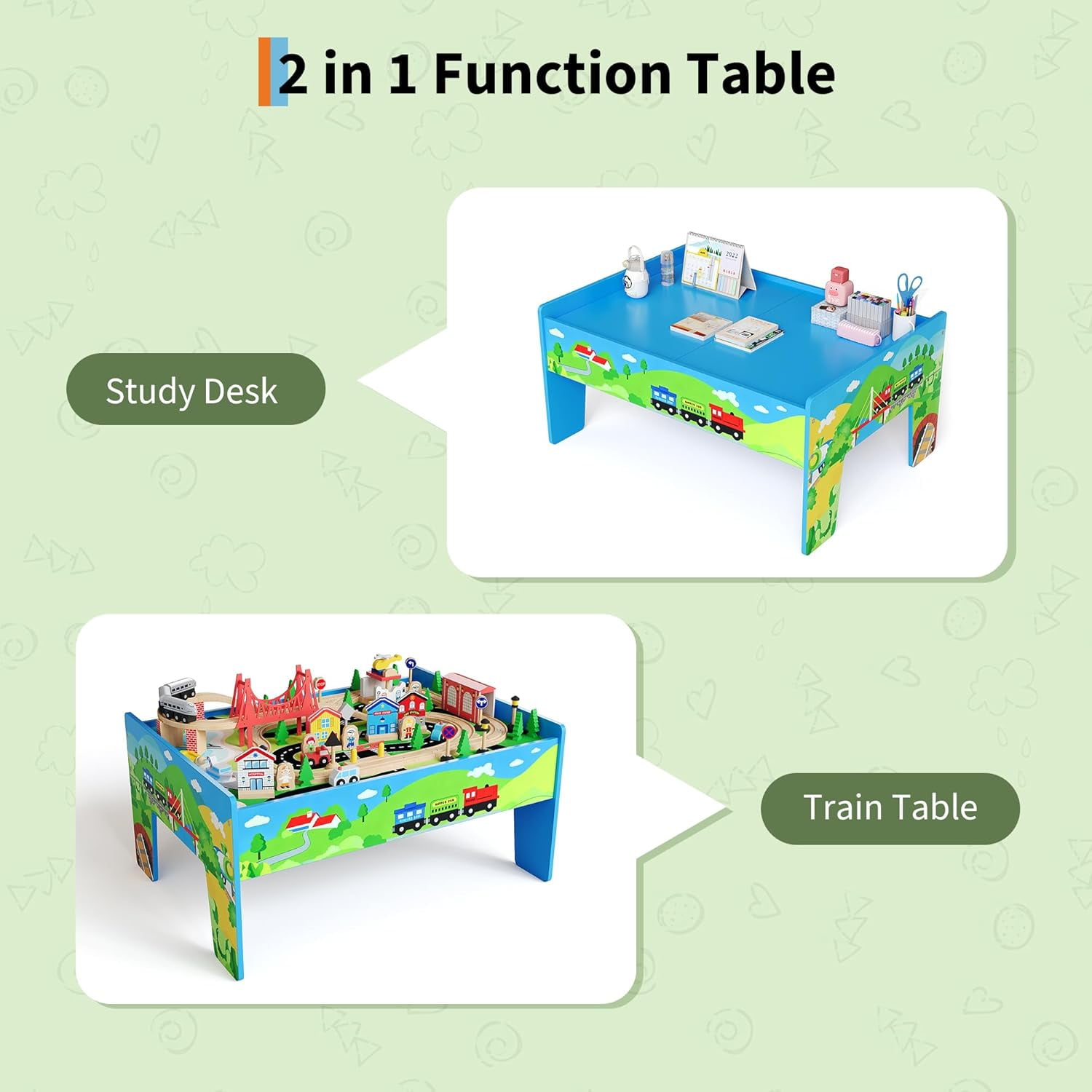 Garvee Wooden ﻿Train Table 33" x 24" x 16", with 80 Multicolor Piece, for Toddlers 3+