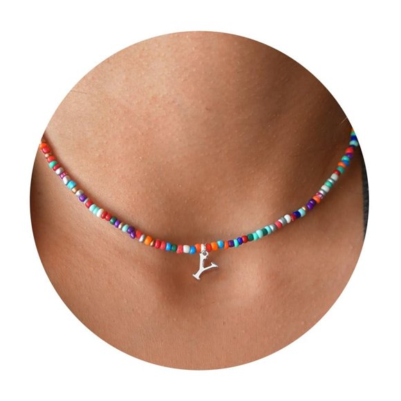 Yoosteel Choker Initial Necklaces for Women Trendy Colorful Beaded Initial Necklace Letter Y Boho Initial Necklace for Girls Teen Girls Gifts