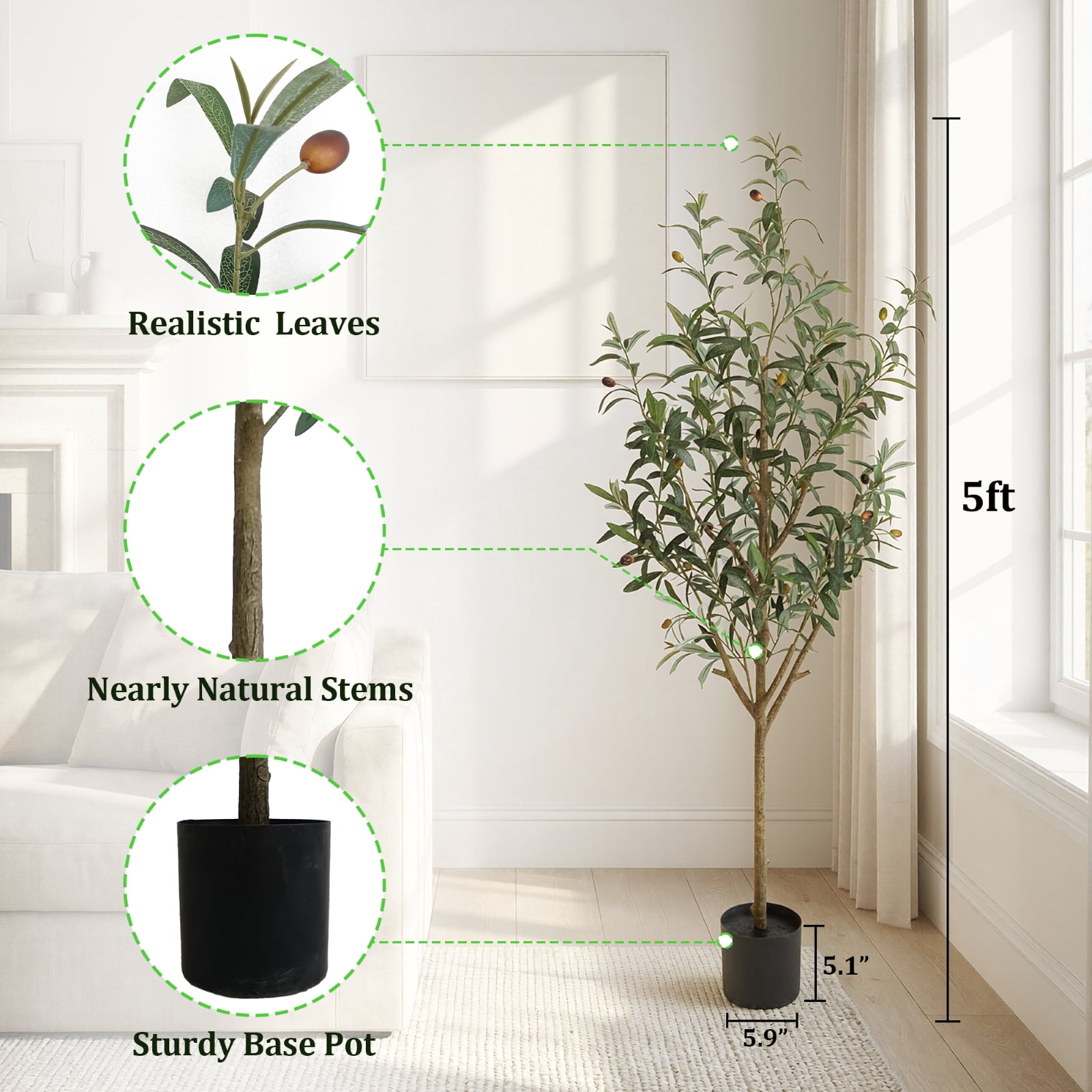 BEAUTYPEAK 5.1FT Artificial Plant Fake Indoor Olive Tree Decorative Outdoor Greenery in Black Pot