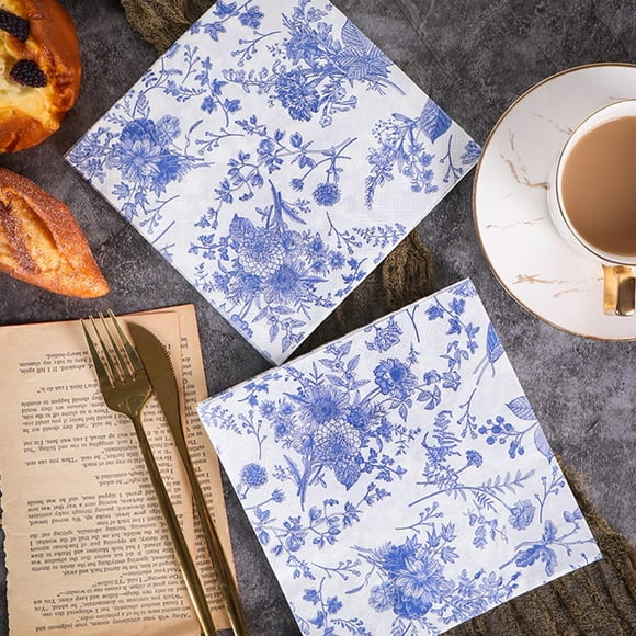 HLONK Serviettes Bleu Blanc Floral 100 Pcs 6.5x6.5in