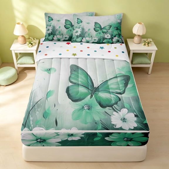 Erosebridal Cute Butterfly Zipper Queen Comforter Set with Fitted Sheet and 2 Pillowcases, Chic Blossom Zipper Bedding Set, Polka Dots Reversible, Emerald Green, Polka Dots Reversible