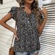 thumbnail image 2 of Camisa informal holgada de manga corta con cuello en V y color negro para mujer, para citas y trabajo en verano, blusas con volantes florales, 2 of 5