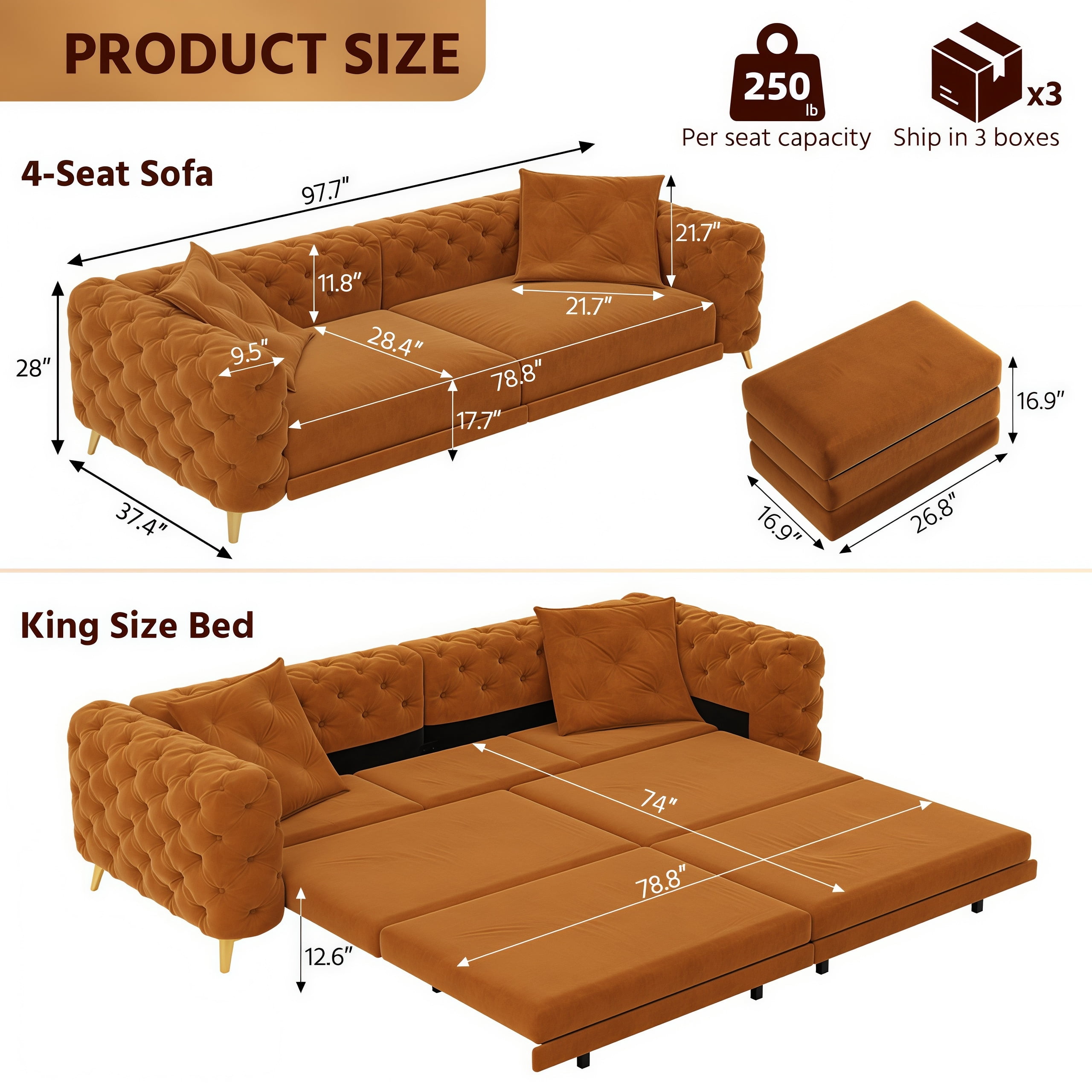 3-in-1 Velvet Sleeper Sofa Bed, 97.7" Modern Button Tufted Convertible Pull Out Couch with Gold Metal Legs & Deep Seat for Living Room, Orange