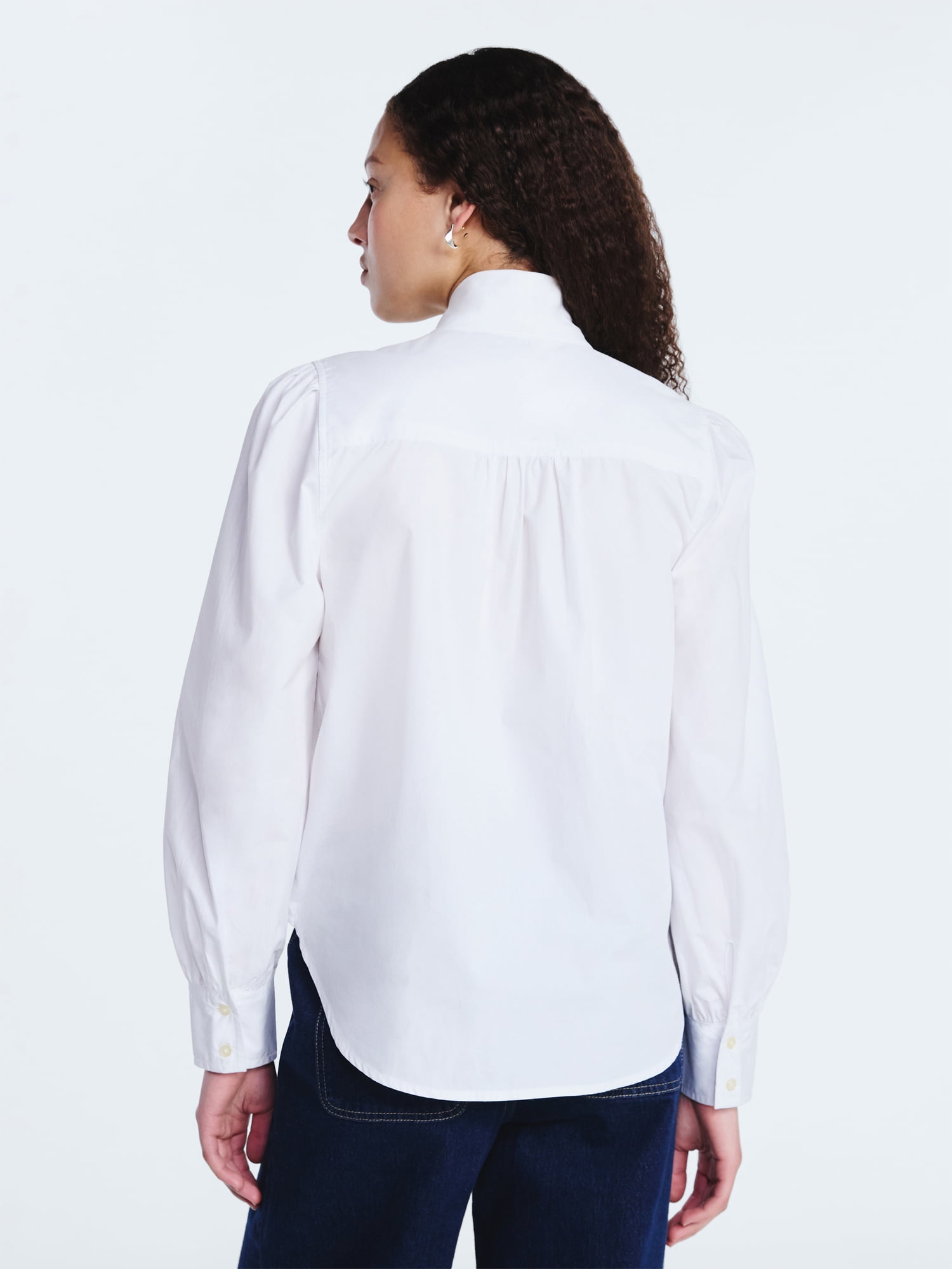 Free Assembly Women's Cotton Tie Neck Blouse with Long Puff Sleeves, Sizes XS-XXL
