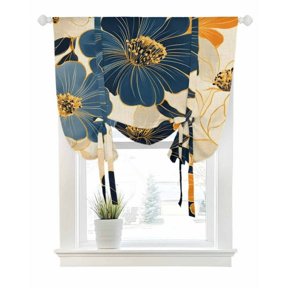 Yellow Florals Tie Up Curtains for Window, Thermal Insulated Balloon Shade Adjustable Rod Pocket Curtains Valance Panels for Kitchen Bathroom Cafe 42 x 54 Botanical Pastoral Spring Retro Beige
