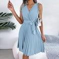 thumbnail image 6 of VSSSJ Women's Cross V Neck Sleeveless Tunic Mini Pleated Dresses Solid Color Belted Slim Elegant A-Line Swing Summer Short Dress Blue L, 6 of 7