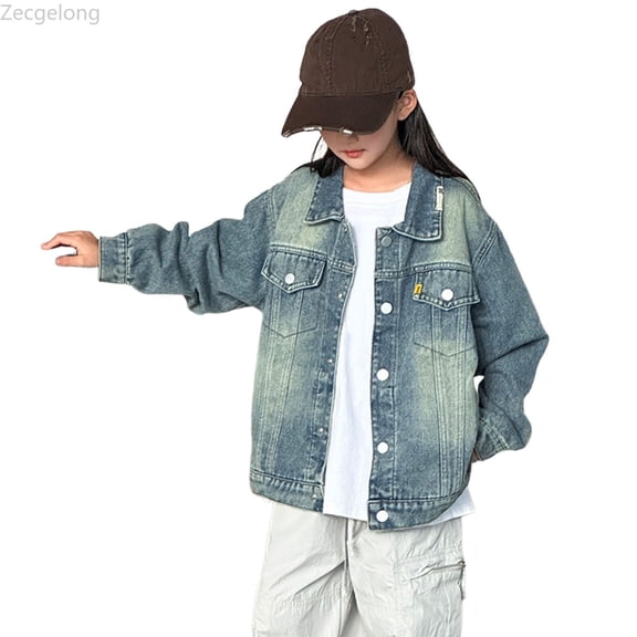 Zecgelong Stylish Denim Jacket For Kids Boys And Girls Autumn Casual Coat With Lapel Collar