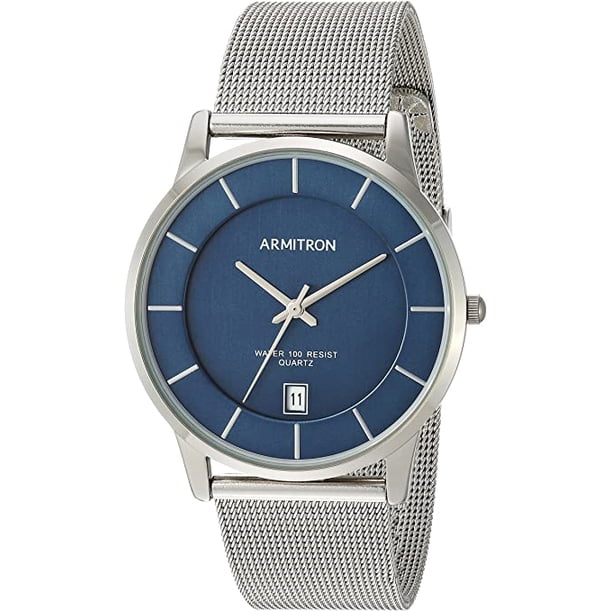 Reloj de Vestir ARMITRON 20/5123NVSV para Hombre de Malla con Función de Fecha 39mm Acero Inoxidable Movimiento de Cuarzo Japonés Resistente al Agua Plateado/Azul Armitron 20/5123NVSV