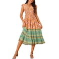 thumbnail image 1 of Vestido midi bohemio de verano casual con flores, mangas de volantes, escote en V, cintura alta y fluido INSPIRE CHIC en naranja L, 1 of 6