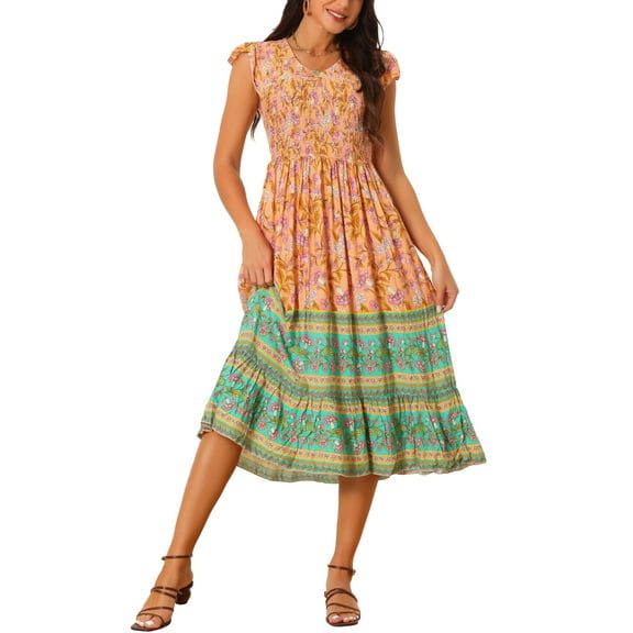 INSPIRE CHIC Women's Summer Casual Floral Flutter Sleeve V Neck Smocked High Waist Flowy Boho Midi Dress Orange S