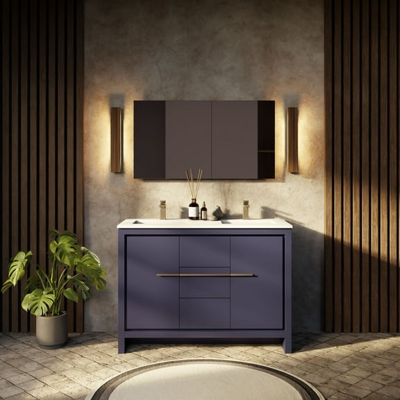 Sandpoint 48 in W x 20 in D Navy Blue Double Bath Vanity, Cultured Marble Top and 43 in Mirror