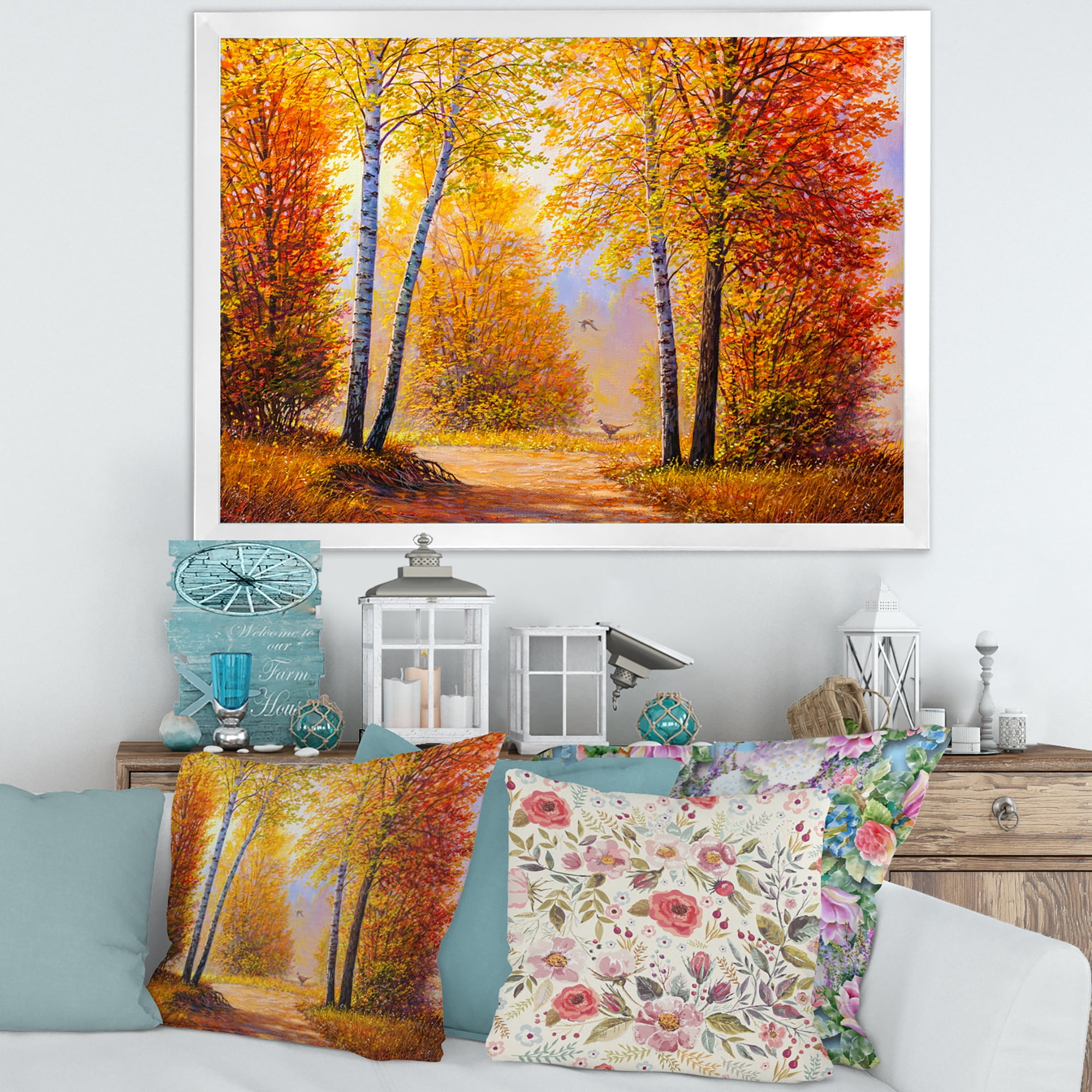 Designart 'Sunrise Glow Through The Autumn Trees' Lake House Framed Art Print