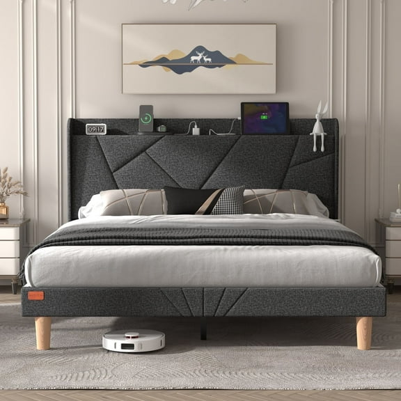 NISIEN Queen Bed Frame with Charging Station, Upholstered Platform Bed with Wingback Storage Headboard, Dark Gray