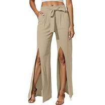 Women's Casual Pants High Waisted Wide Leg Summer Lightweight Split Hem Comfortable Wear Stretchy Soft Breathable Fabric Loose Fit Trousers
