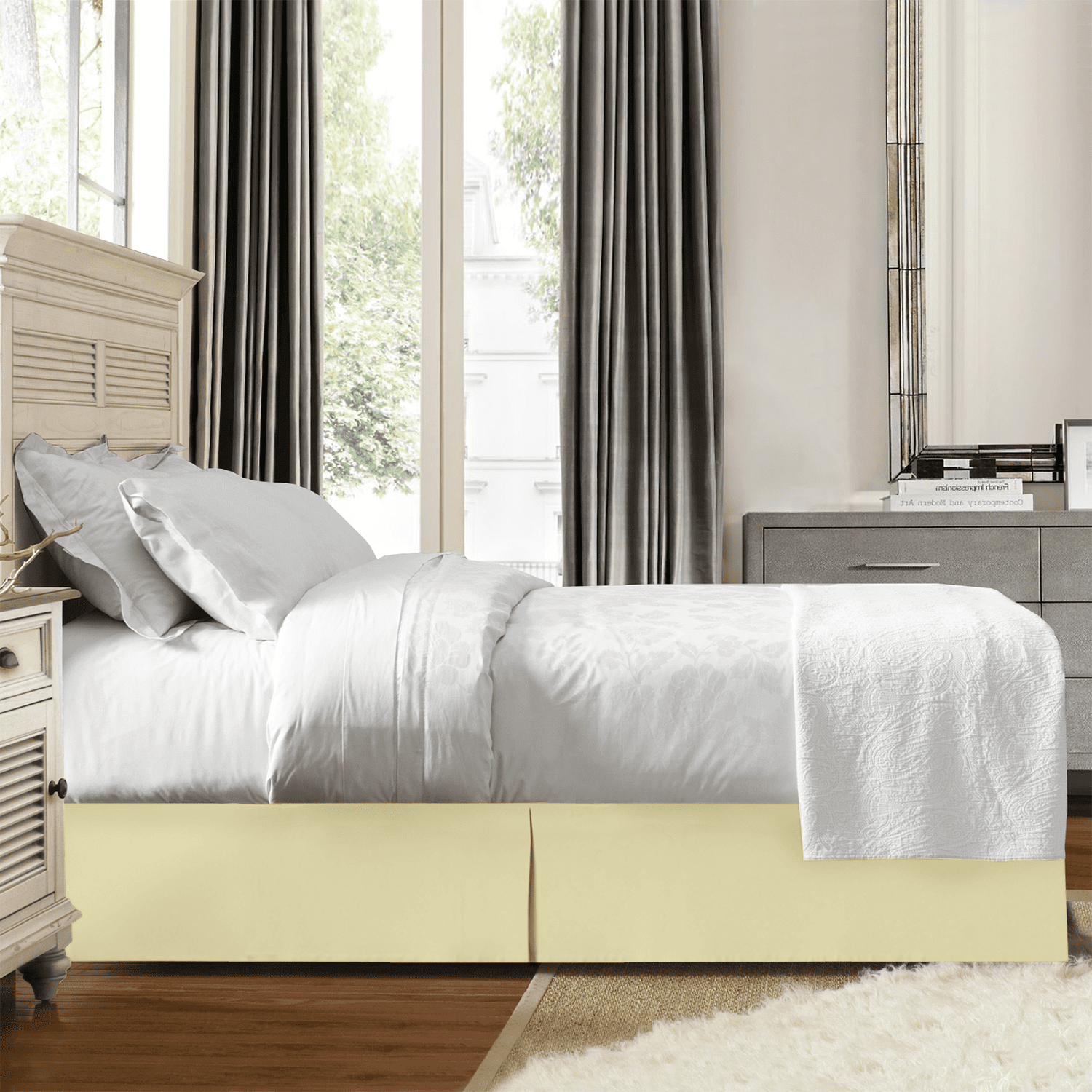 14" Tailored Pleated Bed Skirt Dust Ruffle, Twin, Vanilla Yellow, by Clara Clark