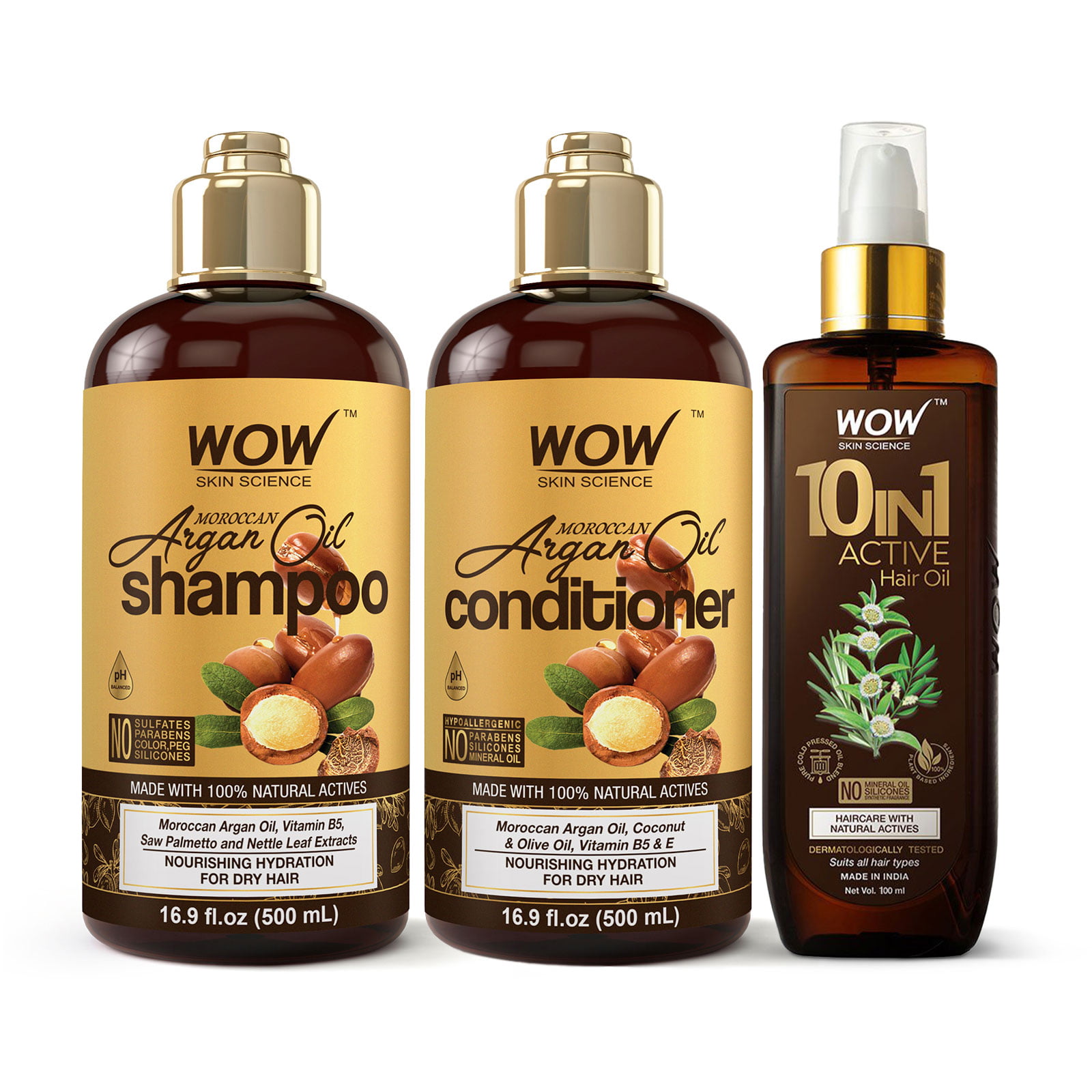 WOW Skin Science Moroccan Argan Oil Shampoo and Conditioner + Hair Oil  Treatment 