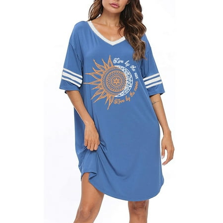

Plnotme Sleep Shirts for Women Short Sleeve V neck Cotton Night Shirt Oversized Nightgowns Cute Loose Printed Nightdress