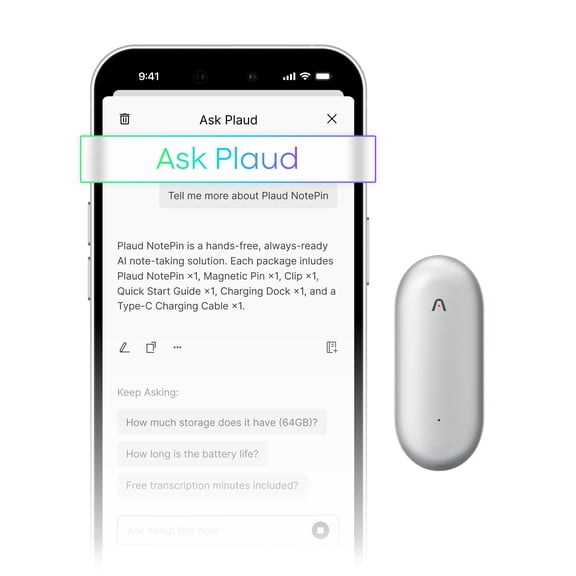 PLAUD NotePin AI Voice Recorder, App Control, Transcribe & Summarize, 112 Languages, 64GB Memory, Audio Recorder for Lectures/Meetings, 20H Record, 23g