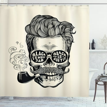 Ambesonne Indie Shower Curtain, Skull with Mustache and Glass, 69"Wx70"L, Black Cream
