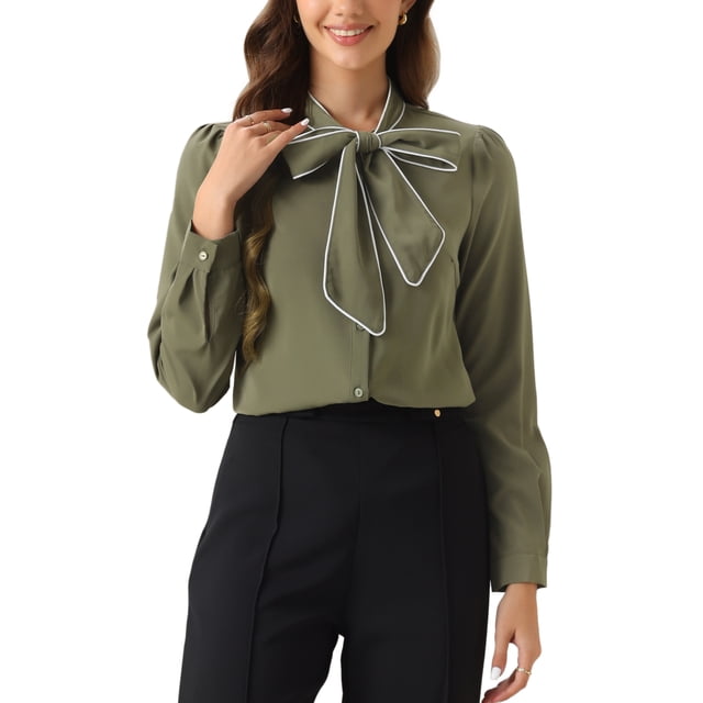 Blusa de trabajo de manga larga con botones y cuello atado para mujer INSPIRE CHIC en azul marino y verde